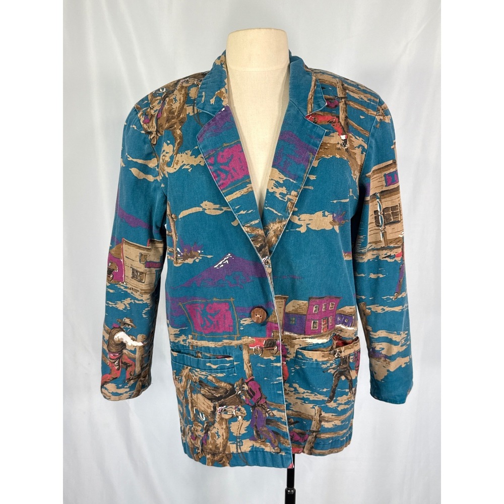 VTG 80s Circle T Blazer Size S Western Horse In The Town Pattern Teal Blue USA L